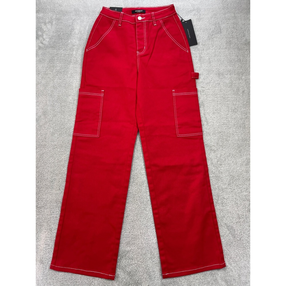 American Bazi Carpenter Wide Leg Pants Women Small Red White Stitching